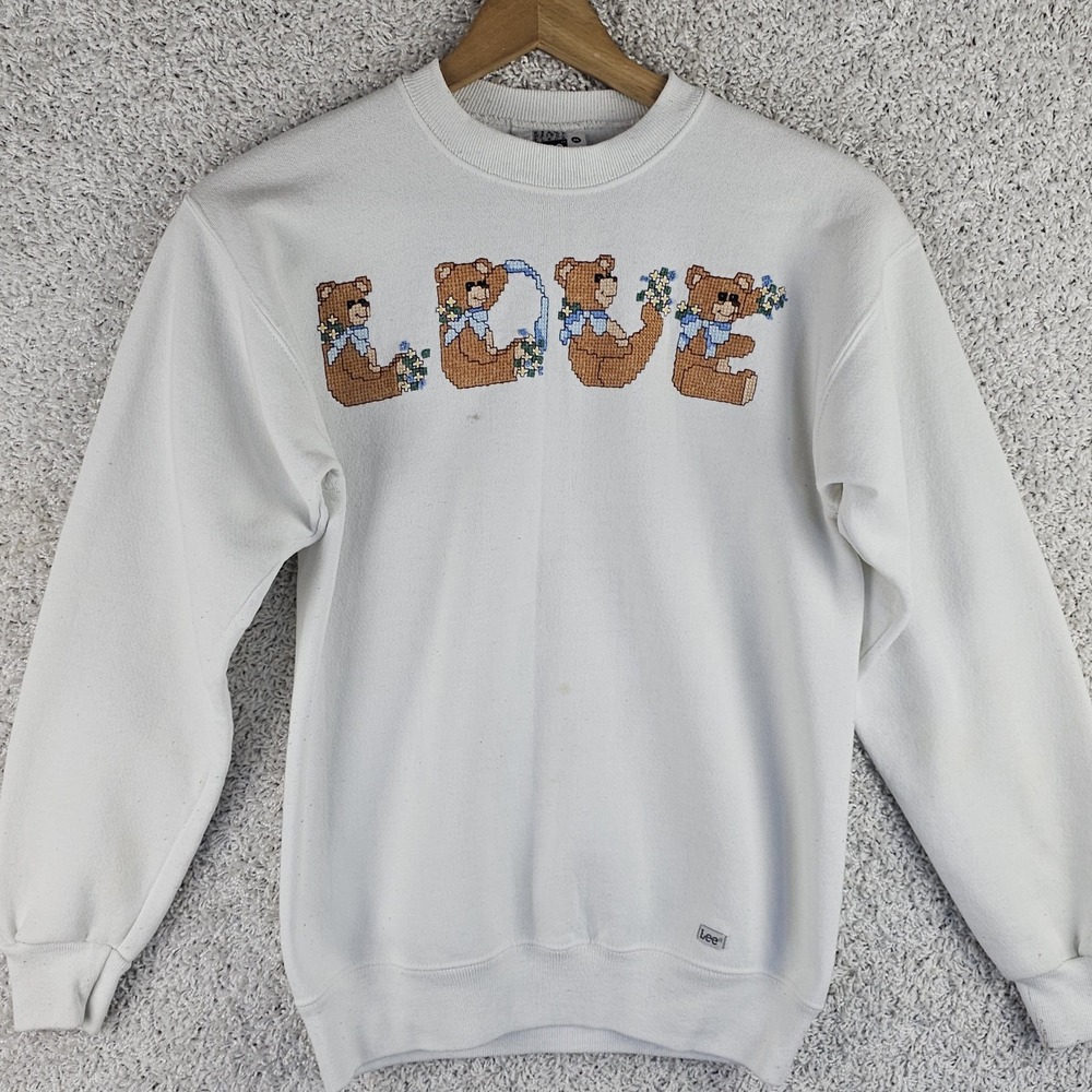 Vintage 90s Lee "Love" Cross Stitch Teddy Bears Sweatshirt Sz Medium Made in USA